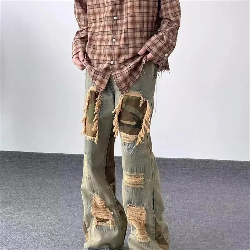 Autumn Mens Camouflage Ripped Patchwork Denim Pants Y2K Vintage Streetwear Wide Leg Jean Hip Hop Fashion Distressed Baggy Jeans 260612BJ
