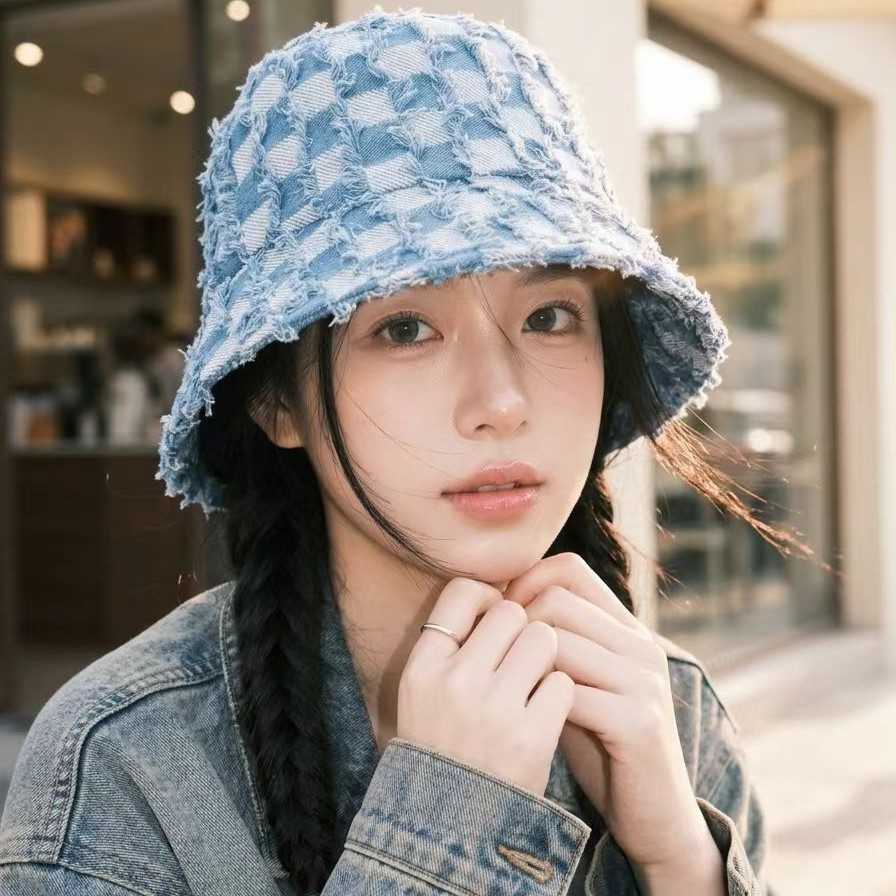 Korean-style Women's washed denim embroidered tassel bucket hat and sun-blocking and sun-protective S260804OGXI