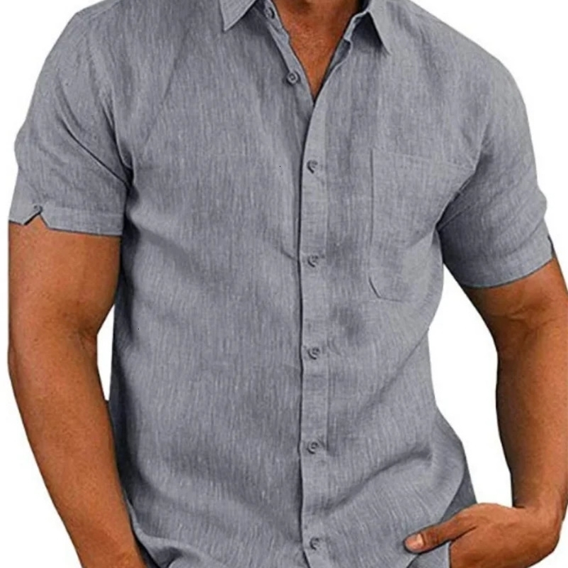 Classic Mens Short Sleeve Linen Blend Button Down Shirt With Turn Down Collar Chest Pocket And Cuffed Sleeves Perfect For Casual 260615BJ