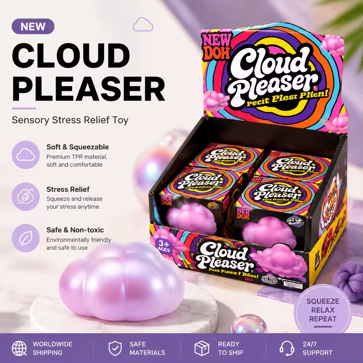 Needoh Squishy Stress Ball Nuage Forme Violet Perle Pâte Douce Squeeze Sensorielle Fidget Jouet US Entrepôt Prêt Stock Vente En Vrac