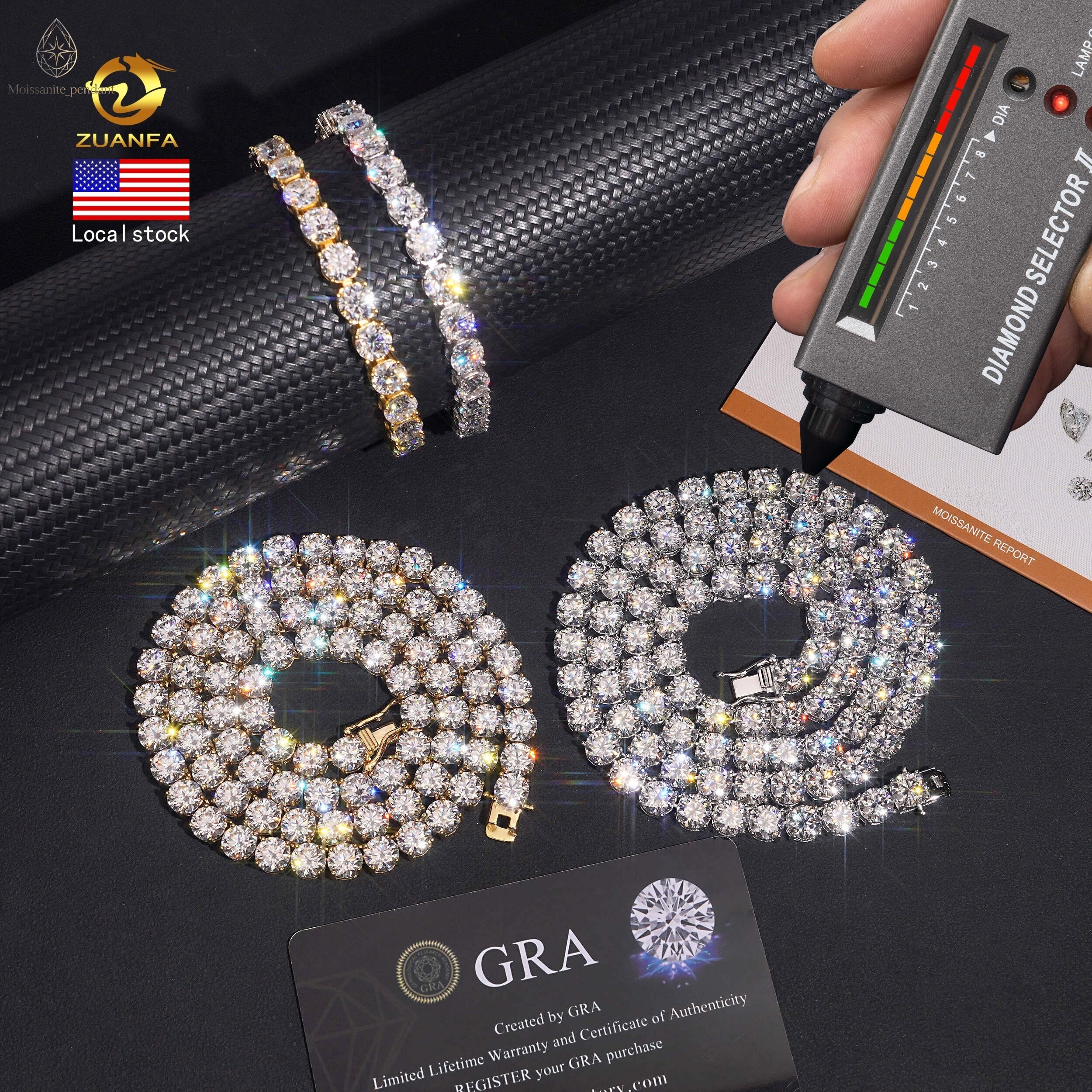 USA Stocks 65mm D Color VVS Moissanite Tennis Chain Necklace 925 Sterling Silver Iced Out Hip Hop Jewelry