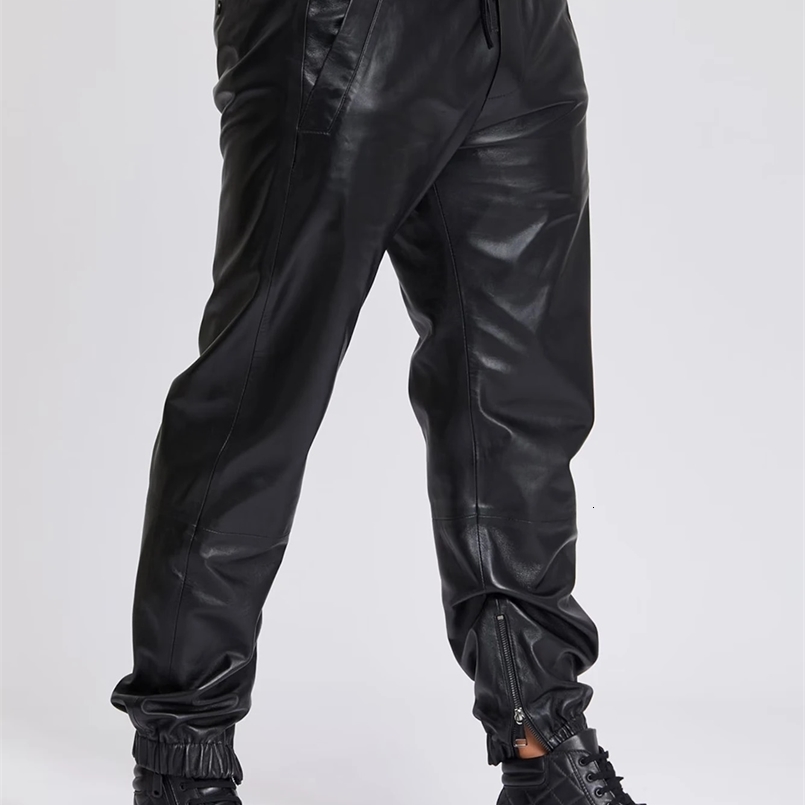 Fashionable black PU leather jogger - windproof elastic belt drawstring spring and autumn street casual pants 260516BJ