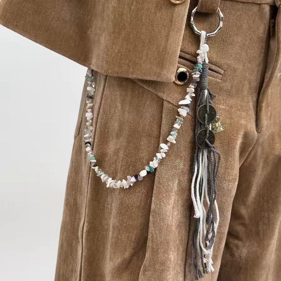 American Vintage Handmade Crushed Stone Pants Chain, Retro Hip Hop Waist Chain for Jeans, Unisex Streetwear Denim Belt Decor with Lobster Clasp