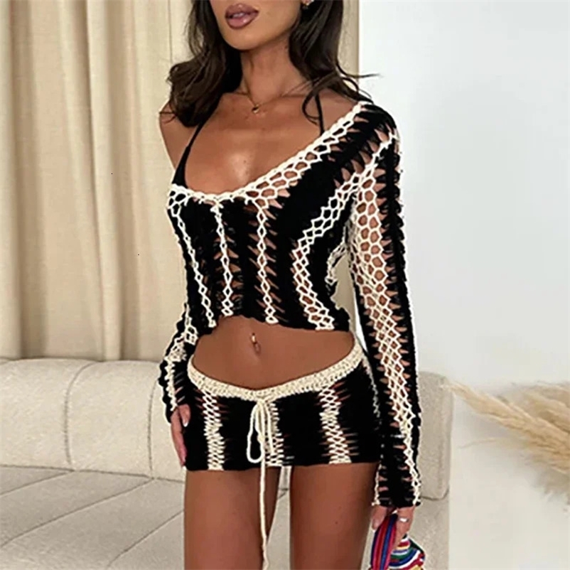 Spring Lady Casual High Waist Skirts Outfits Summer Long Sleeve SweaterMini Skirts Sets Contrast Color Knitted 2 Piece Sets 260514BJ