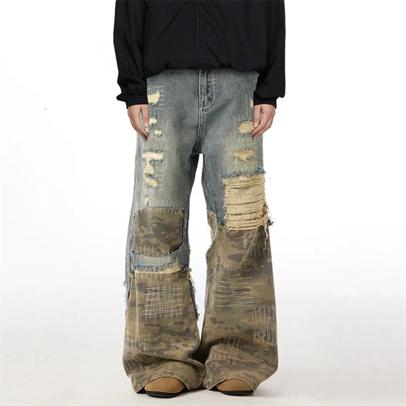 Y2K High Street Baggy Jeans Mens Crewel Embroidery Camouflage Patchwork Hole n Niche Washing Male Denim Pants 9W940 260612BJ