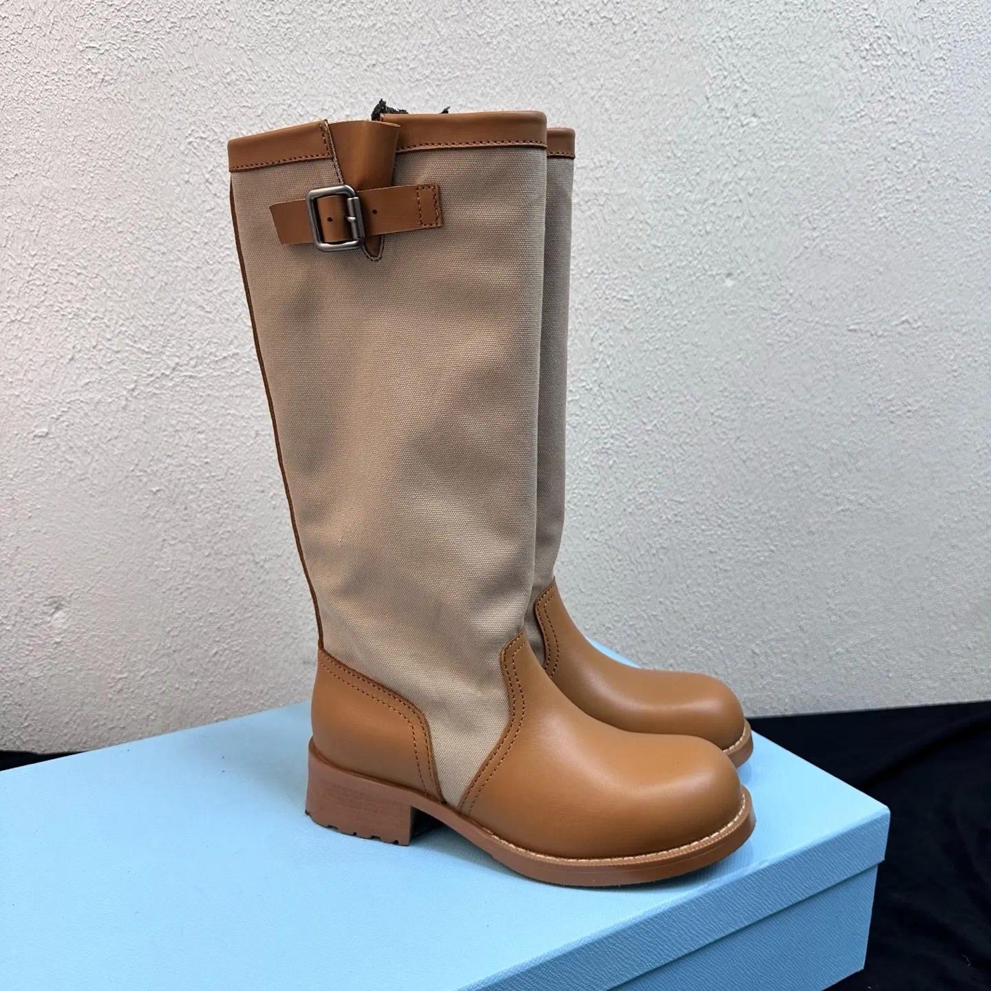 Genuine Leather Chunky Heel Knee High Knight Boots Luxury designer women slip on round toe long boots Fashion Classic fall winter boot Rubber sole F