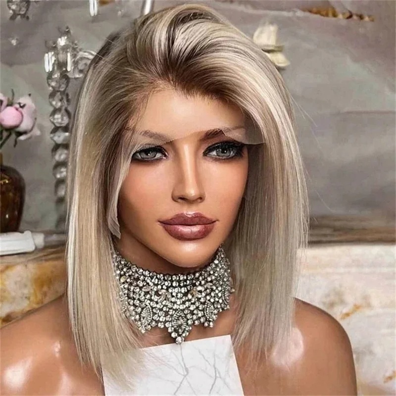 Bob Ombre Silver Platinum Blonde Wig Soft Short Straight HD13x4 Lace Front Human Hair Wig Brazilian Remy Hair Pre-plucked Glueless Wig Natural Hairl