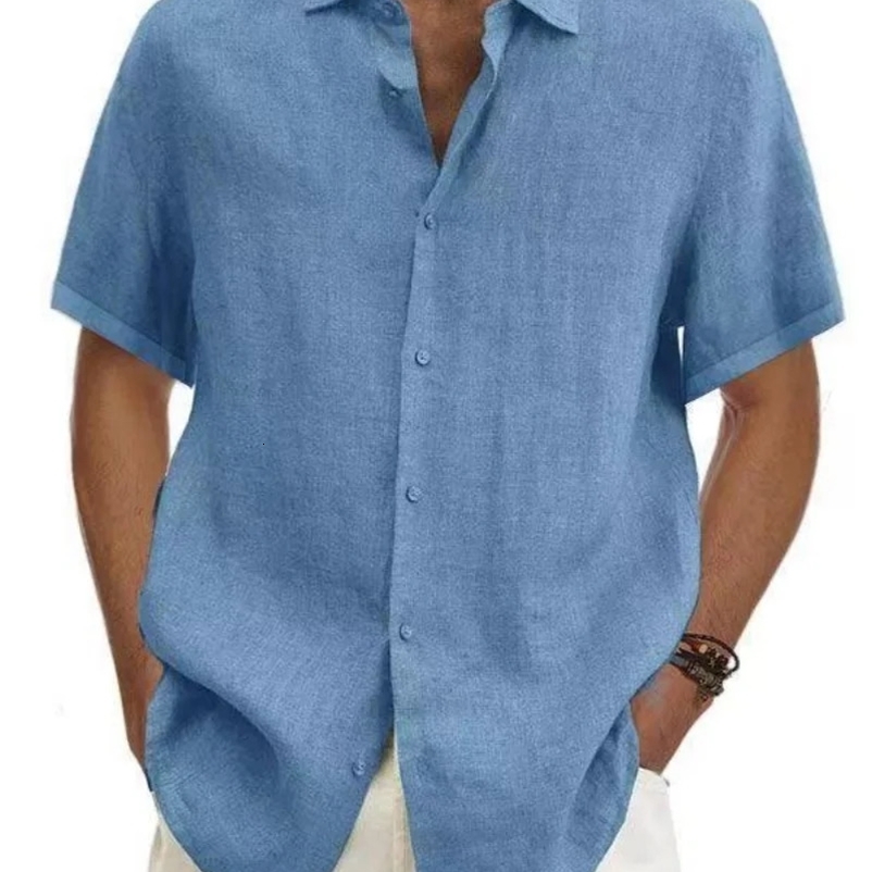 Mens Short Sleeve Linen Blend Shirt Casual Button Down Collar Lightweight Breathable Top 260615BJ