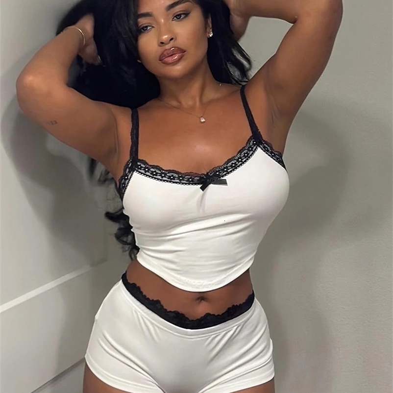 Nibber Sporty Lace Patchwork 2Piece Set Woman Bow Decoration Low-Neck Backless Crop TopsMini Shorts tie Sexy Fashion Outfits 260612BJ