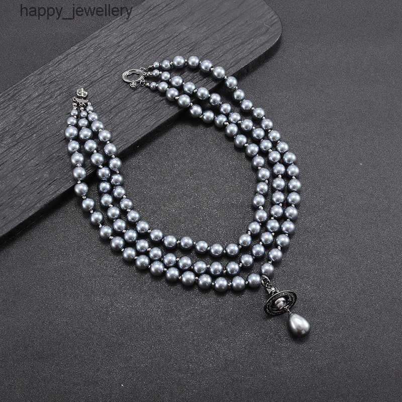Three-layer gray pearl necklace with three-dimensional Saturn UFO and water drop pendants high-end light luxury collarbone chain for women T260804XS
