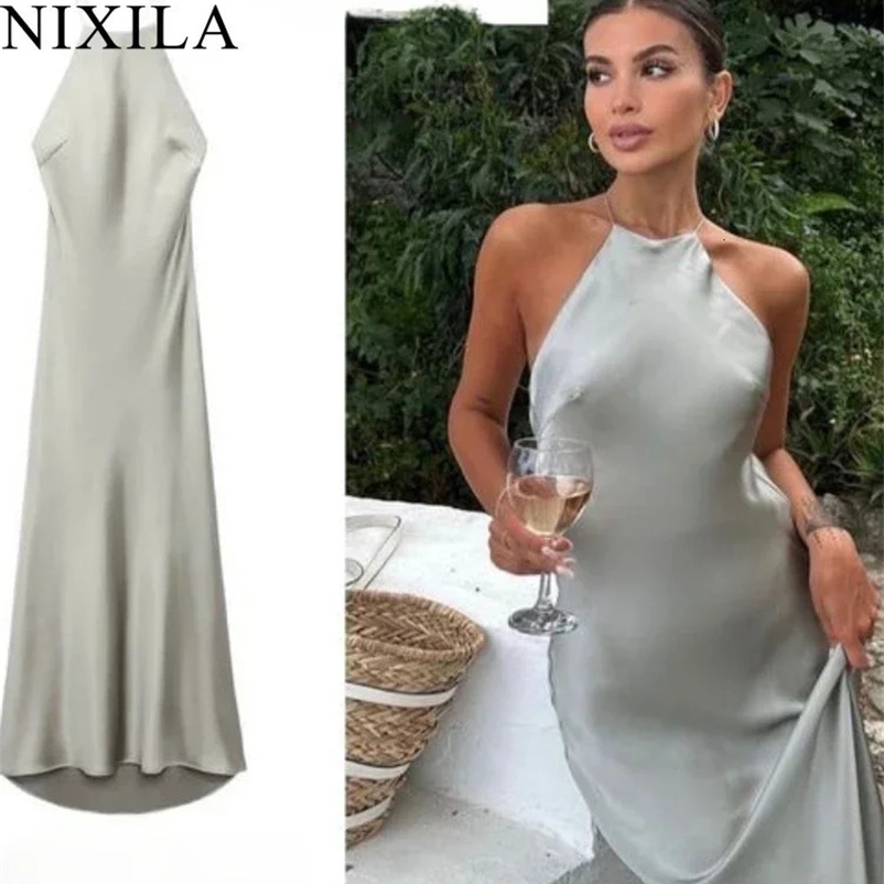 Spring Summer Womens Maxi Dress Satin Feeling Sleeveless Dress Fashion Style Banquet Sexy Dresses Evening Female Clothing 260514BJ