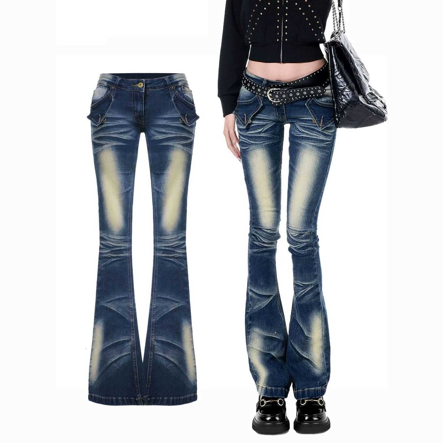 1Vintage Blue Micro Flared Women Jeans Bell Bottoms American Retro Low Rise Denim Pants streetwear 2000s Slim Fit y2k Trousers L260804