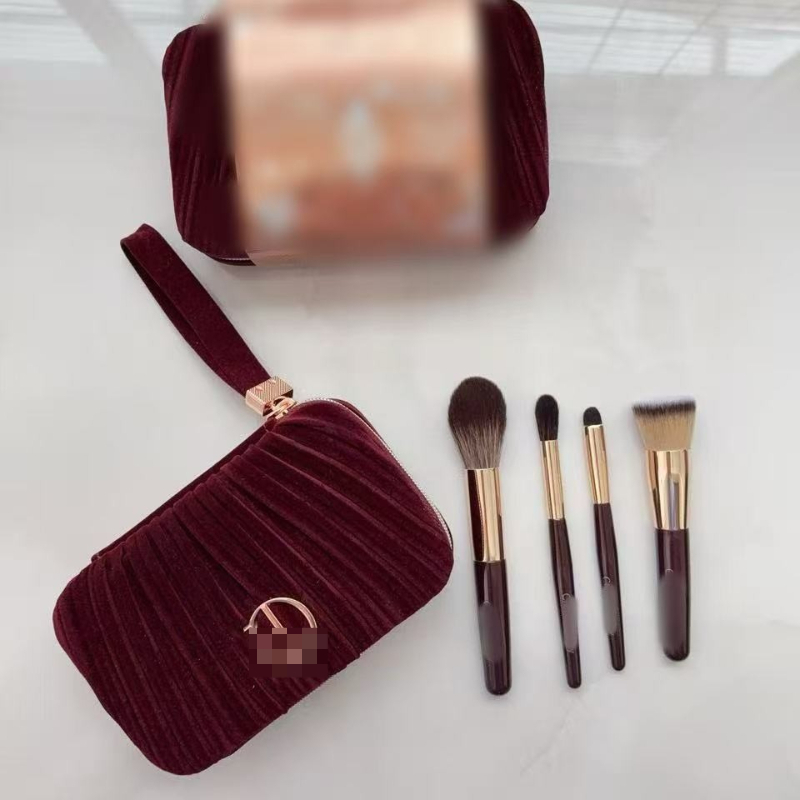Festival Limited Mini Set Wine Red Velvet Portable Makeup Brush 4 Pcs + Mirror in The Bag