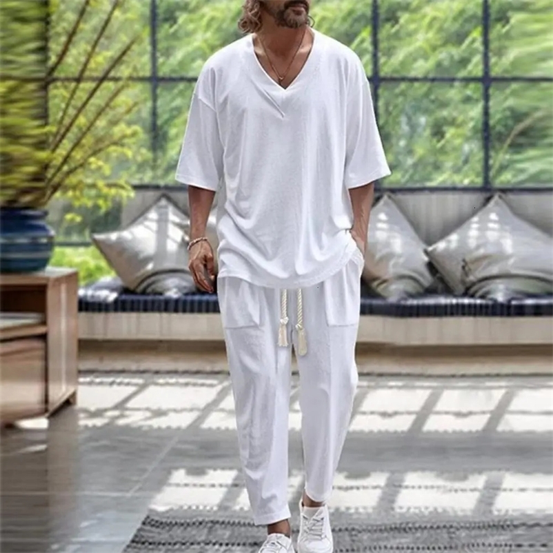 2Pcs/Set Men Summer Outfit V-Neck Short Sleeve T-shirt Elastic Waist Adjustable Drawstring Pockets Pants Solid Color Tracksuit 260622BJ