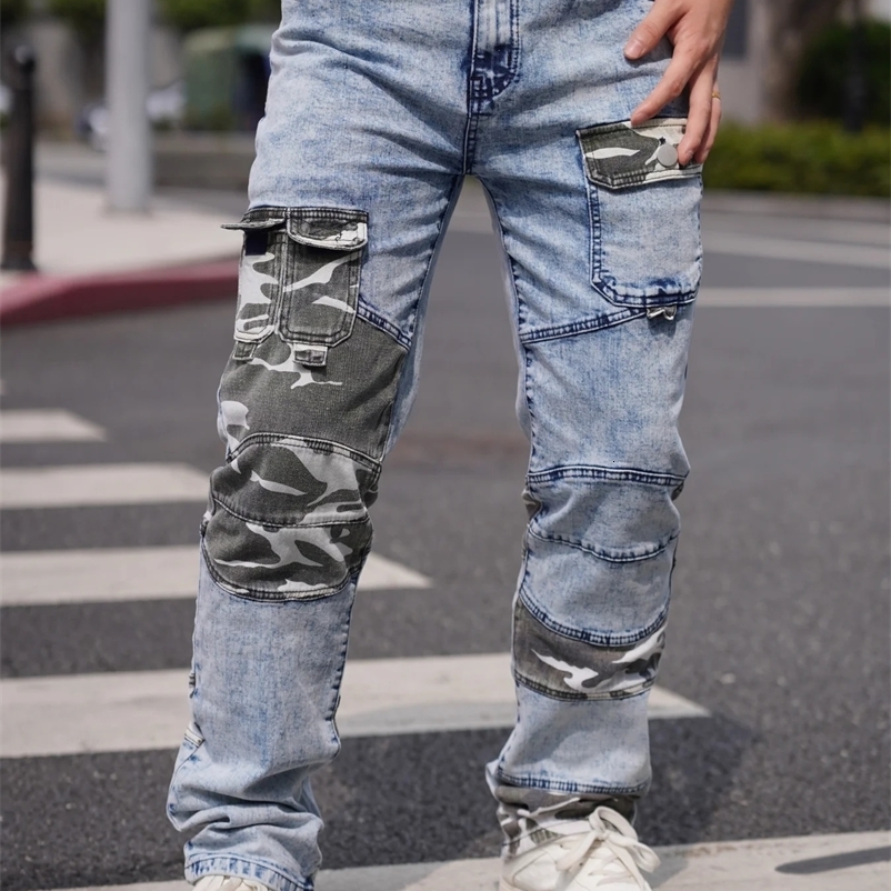 Mens Jeans Camouflage Patchwork Trendy Fashion Industrial Style Pocket Decoration Promotional Offer 260612BJ