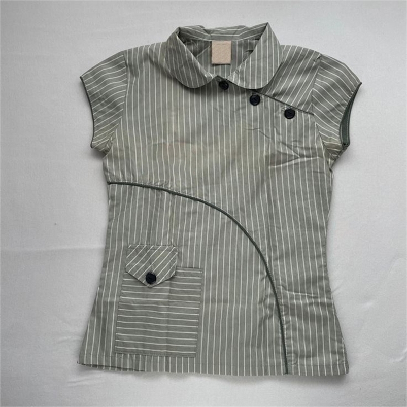 Slim and retro womens shirt Harajuku striped pattern printed lapel button Y2kT T-shirt casual aesthetic short-sleeved top 260615BJ