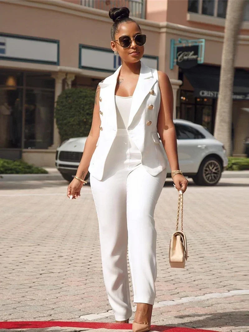 OL Style 2 Piece Sets Women Outfit Summer Clothes Women Sleeveless Blazer and Pants Sets Casual Tracksuits Two Pieces Woman Sets 260731