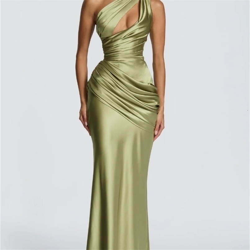 Women Green Ruched Elegant Satin Mermaid One-shoulder Cutout Slim Fit Flowy Vestido Lady Summer Evening Vestidos 260611BJ
