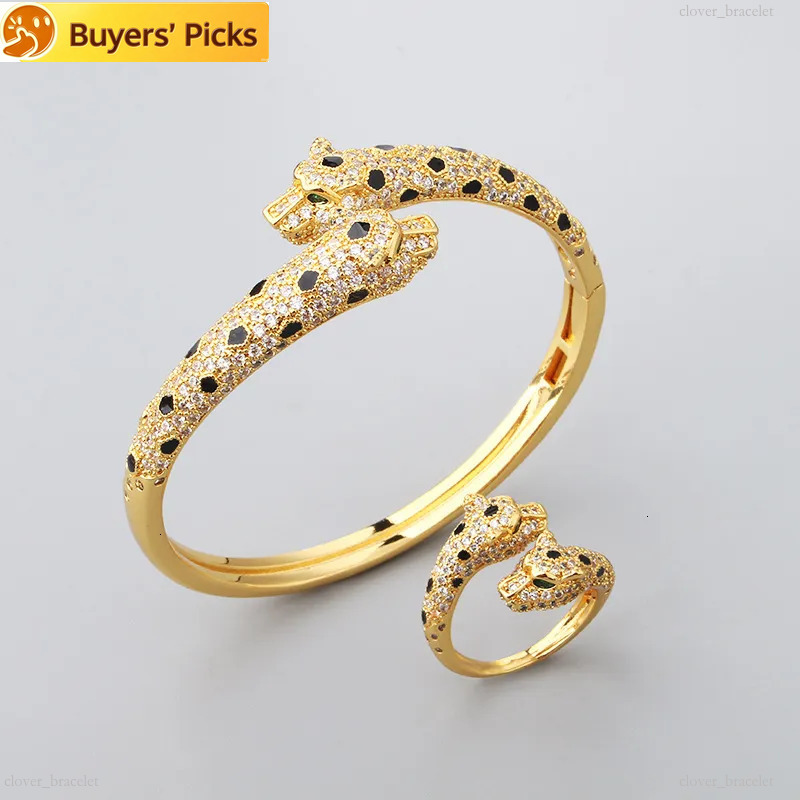 Trendy Full Diamond Double Head bracelet Ring High end Light Fashion Luxury Silver Plated Leopard Bangle Bracelet