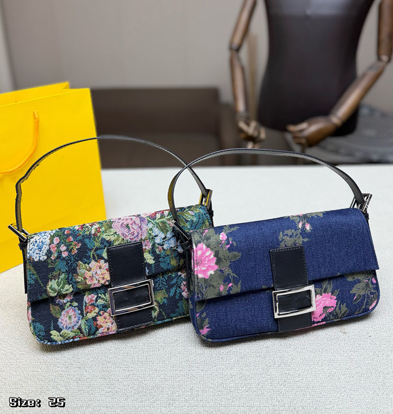 Designer Bags Women Floral Print Flower Pattern Denim Baguette Underarm Shoulder Bag Buckle Short Leather Top Handle Vintage Handbag Daily Dating Ha