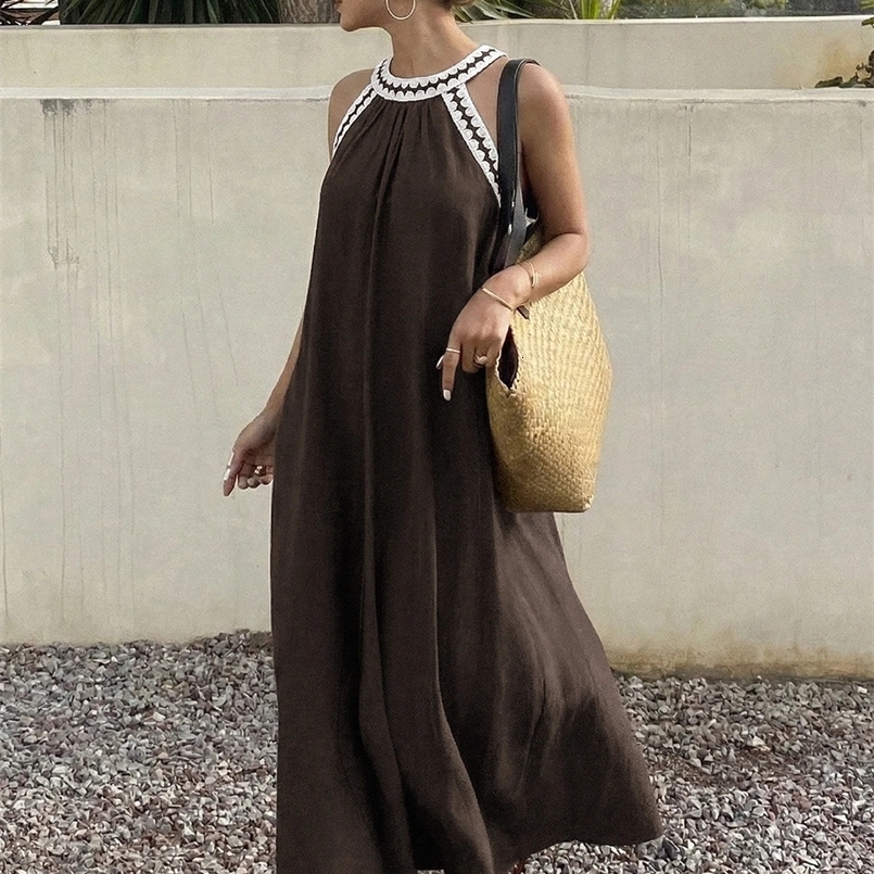 Womens Summer Bohemian Resort Sleeveless Maxi Dress Color-Blocked Halter Neck Dress Casual Loose Versatile Female Clothing 260611BJ