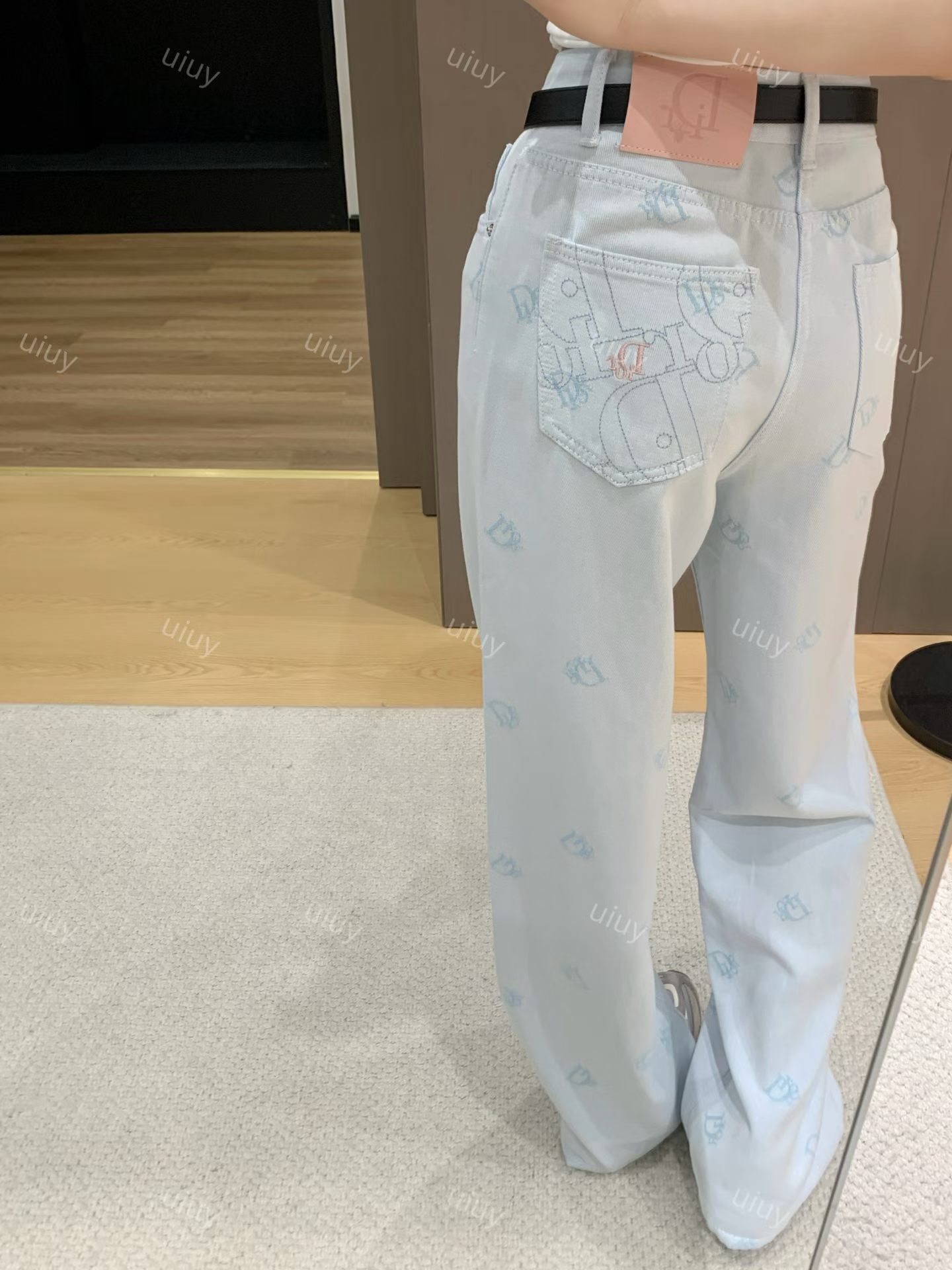 Ladies High Waist Straight Cut Denim Jeans Light Blue All Over Print Loose Slimming Full Length Trousers 2026 Trendy Everyday Casual Pants