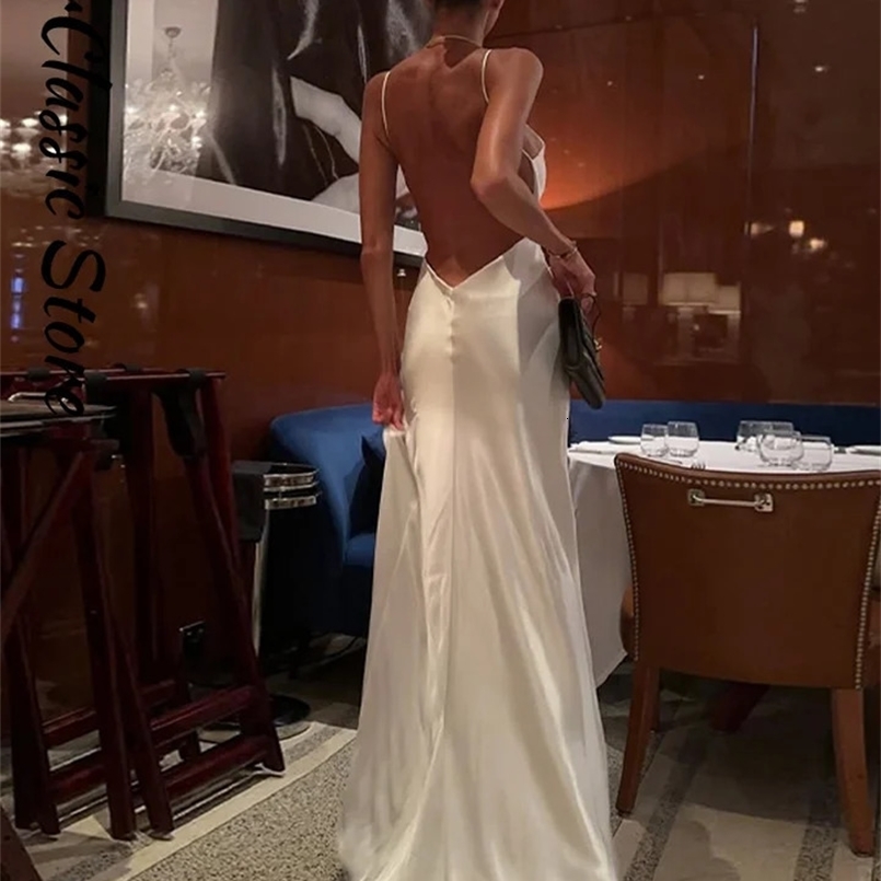 Satin Backless Elegant Evening Dress For Women White V Neck Sleeveless Slit Strap Summer Dresses Lady Party Robe 260516BJ