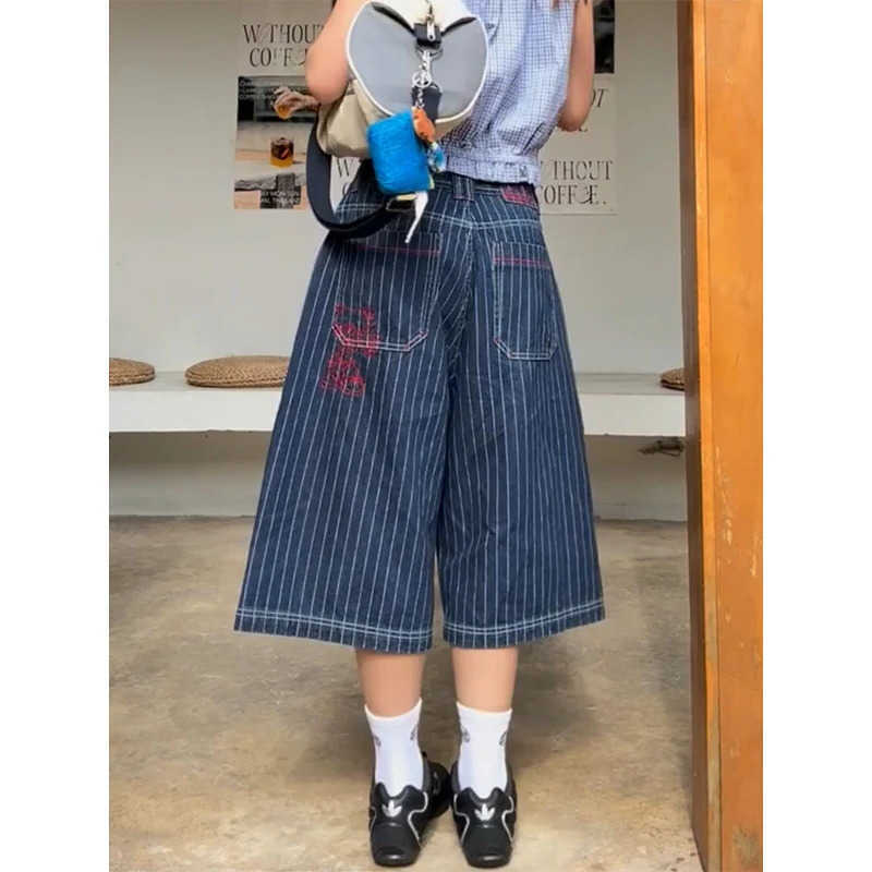 1Cargo Vintage Light Blue Stripe Jeans Women Summer Harajuku Y2k Baggy Denim Trousers Japanese 2000s Oversize Jean Pants L260804
