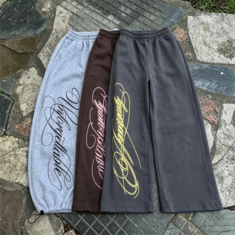 Y2K Vintage Harajuku Wide Leg Sweatpants Women Men Baggy Cargo Pants Retro Streetwear Embroidered Letter Print Casual Pants 260516BJ