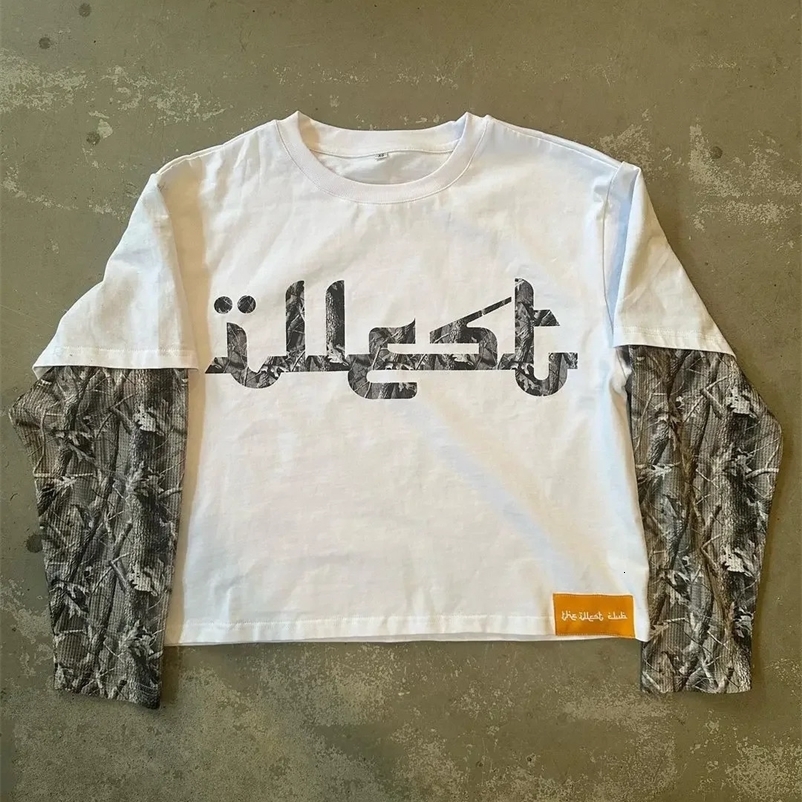 Camouflage splicing shirt womens T-shirt Y2k street fashion mens American casual printed long-sleeved retro Harajuku loose top 260612BJ