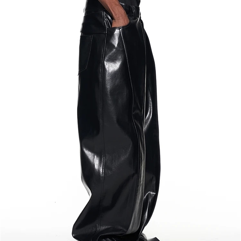 Mauroicardi Spring Autumn Long Loose Casual Baggy Black Shiny Reflective Patent Pu Leather Pants Men Wide Leg Trousers Fashions 260516BJ