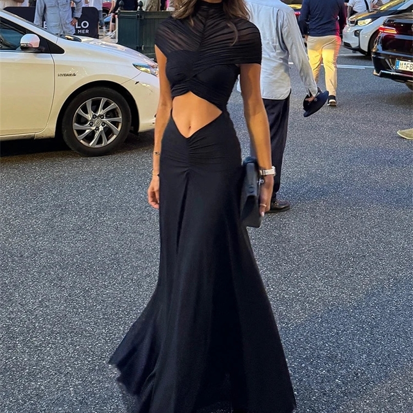 XIAOTANG Hollow Out Short Sleeve Sexy Maxi Dress Women Fashion O Neck Ruched High Waist Bodycon Club Party Long Dress Female 260611BJ
