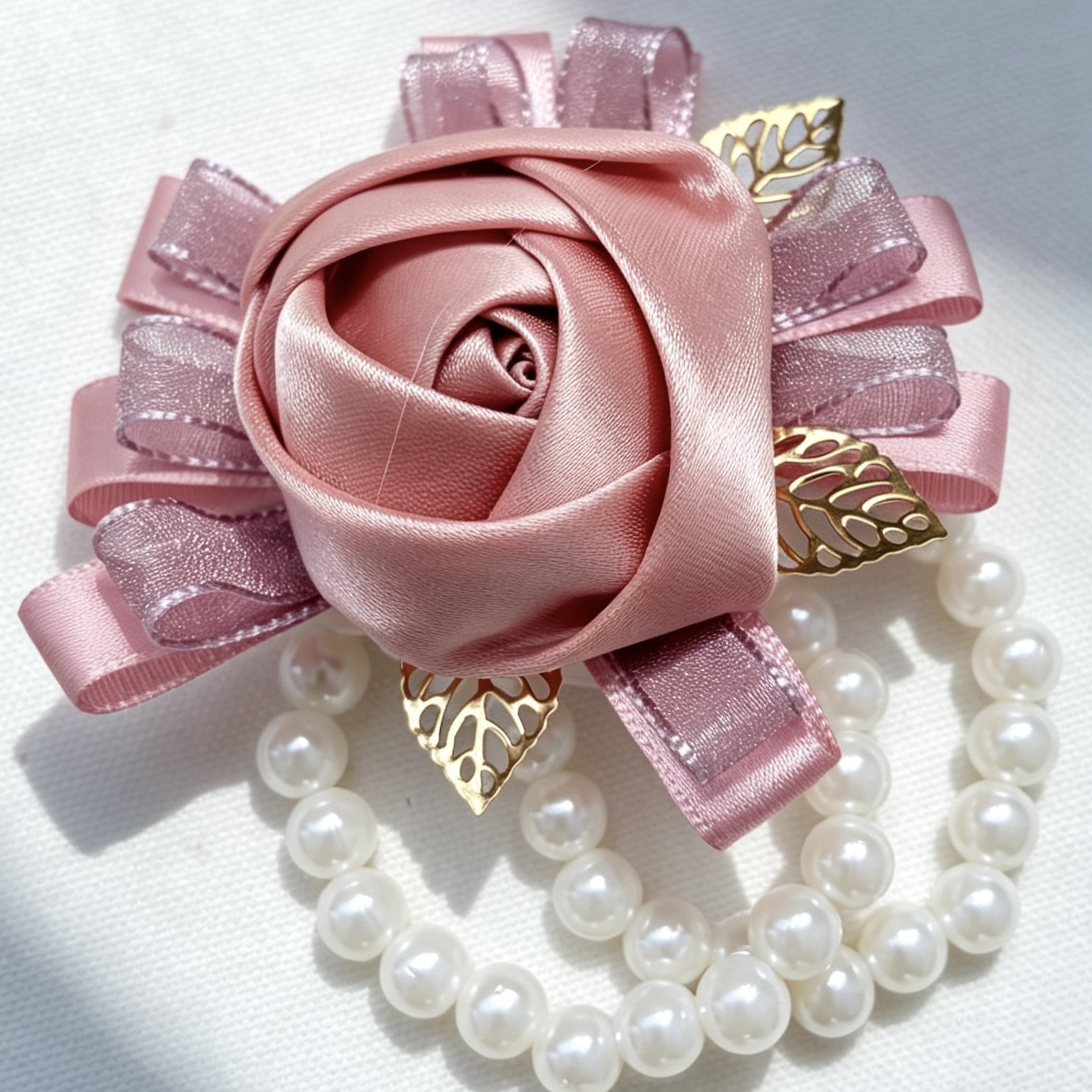 ensemble de fleurs de mariée en Satin fait à la main avec perles de Rose, Corsage et boutonnière de mariage
