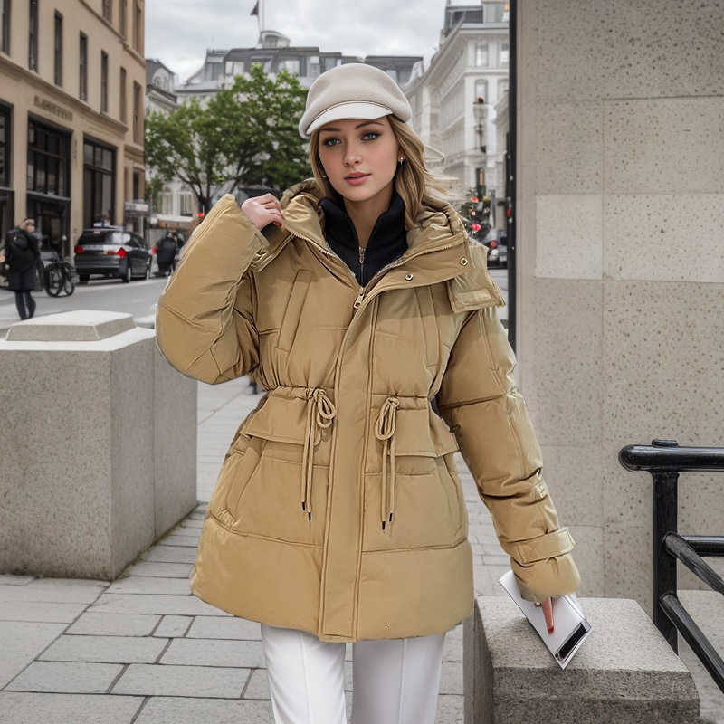 jacket puffer Down Cotton Jacket Mid Length Off-season Hooded Drawstring Waist Pocket Womens Winter Coat S260804UTGF