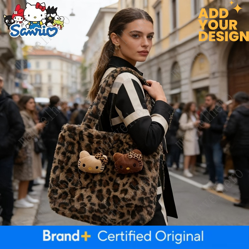 Leopard Print Hello Kitty Plush Tote Bag Suitable For Women Teens Retro Kawaii Gift Cat-Themed Handbag With Zipper Closure Large Capacity Bookbag