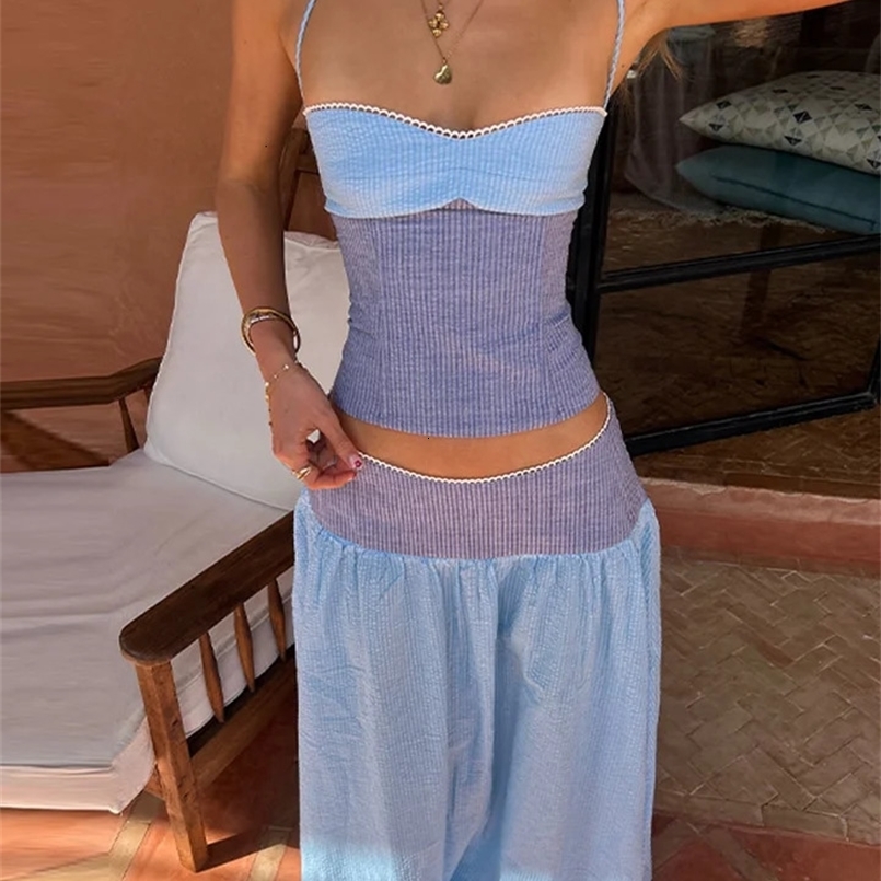 Chic Striped Womens Vest Pant Suits Sleeveless Slim Halter Top Wide Leg Pants Lady Set Summer Vacation 2 Piece Set Women 260611BJ