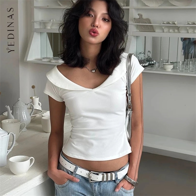 Yedinas Casual Ruffled Neck Womens T-shirt Short Sleeve Korean Fashion 2000s Clothes Y2k Summer Tops Chic Tees Female Clothing 260615BJ