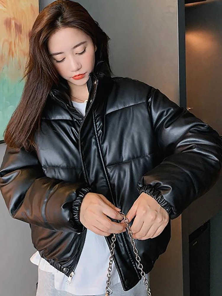 Warm Winter Thick Leather Coats Women Short Black Cotton Padded Lady Down Jacket Elegant Zipper Clothes S260804B06H