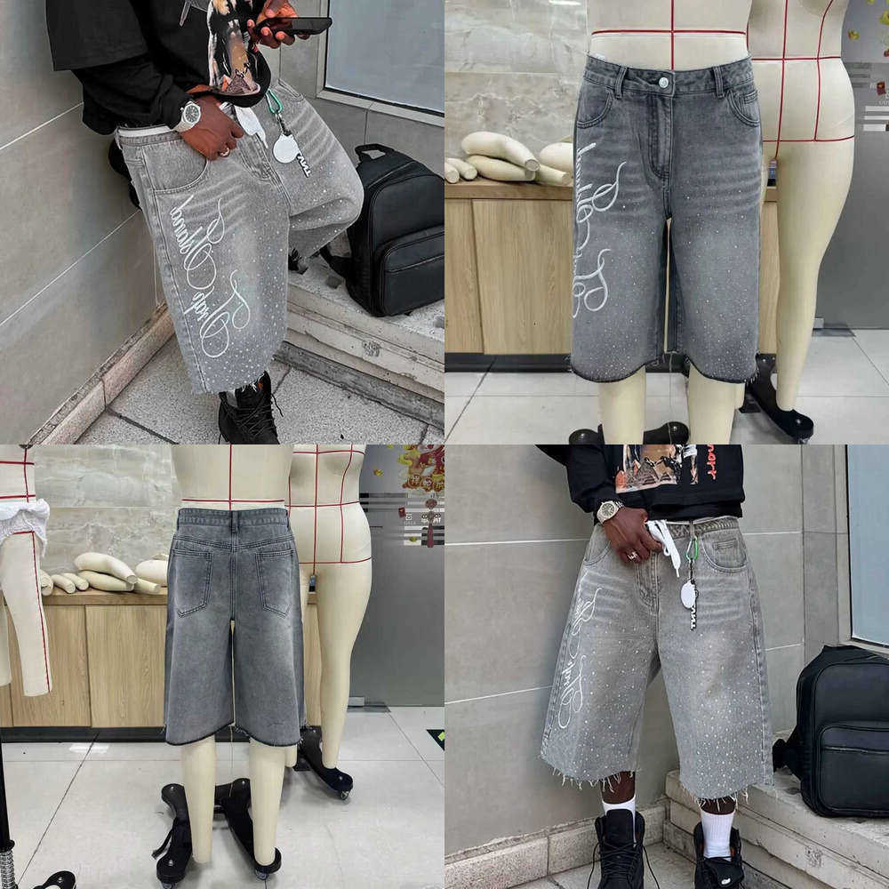 Shorts Men's 2026 New Model Summer Casual Denim Knee Length Trendy Letter Embroidered Rhinestone Jeans Shorts Fashion Streetwear D260804