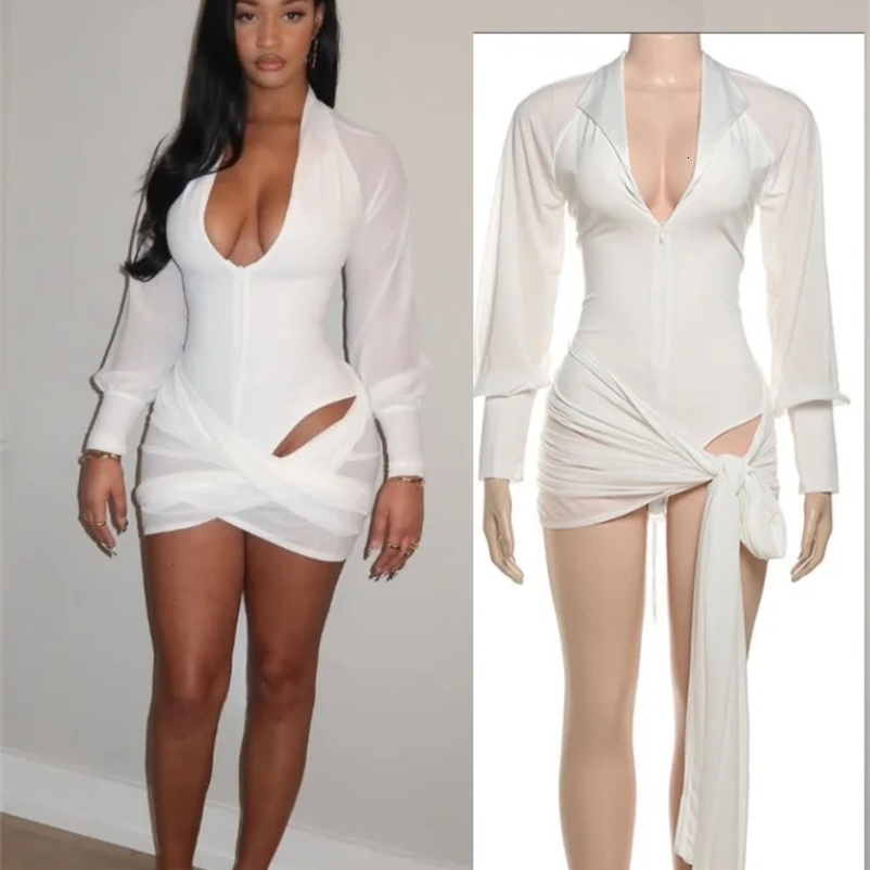 Womens Elegant Mini White Dress Sexy Zip V-Neck Long Sleeve Backless Bandage Skinny Vestidos Party Clubwear 260514BJ