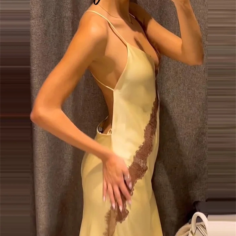 Sexy Lace Patchwork Dress Women Long Sleeve Beach Halter Backless Hip Package Female Dresses Summer Long Lady Robe 260611BJ