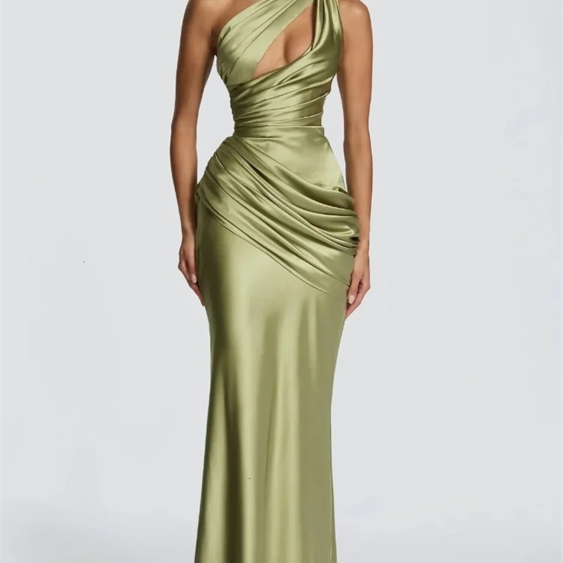 Women Green Ruched Elegant Satin Maxi Dress Mermaid One-shoulder Cutout Slim Fit Flowy Vestido Lady Summer Evening Vestidos 260611BJ