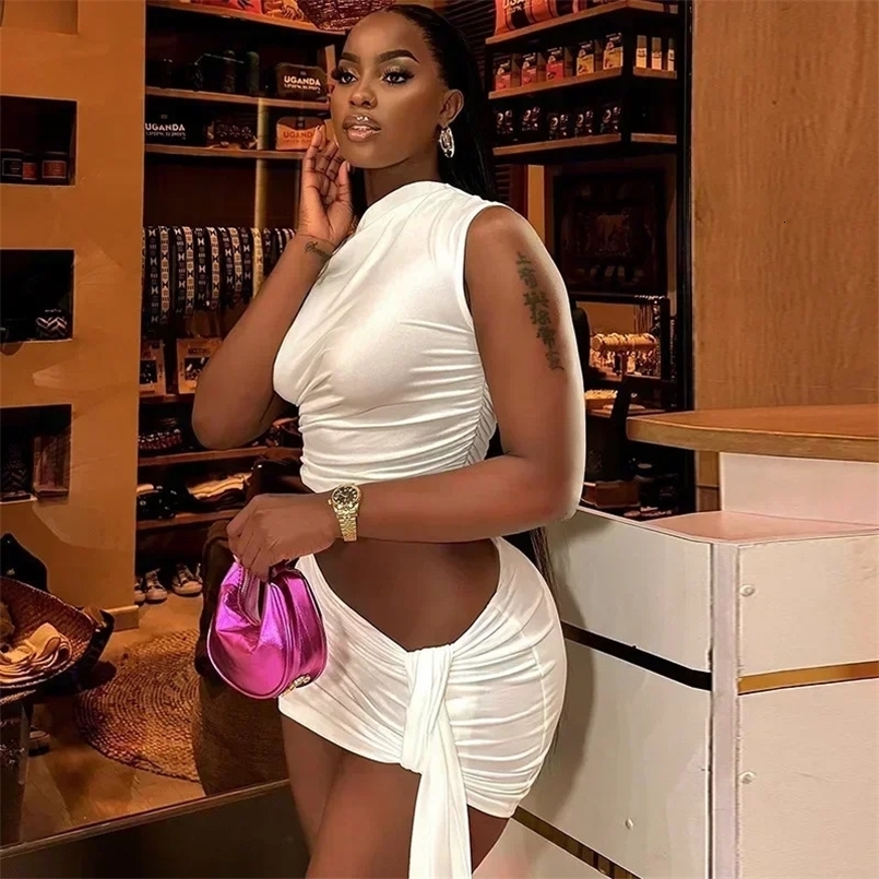 Sexy Womens Clothing Comfortable and Casual Open-button Lace-up Solid Color Skirt Set Sleeveless Crew Neck Two-piece Set 260611BJ