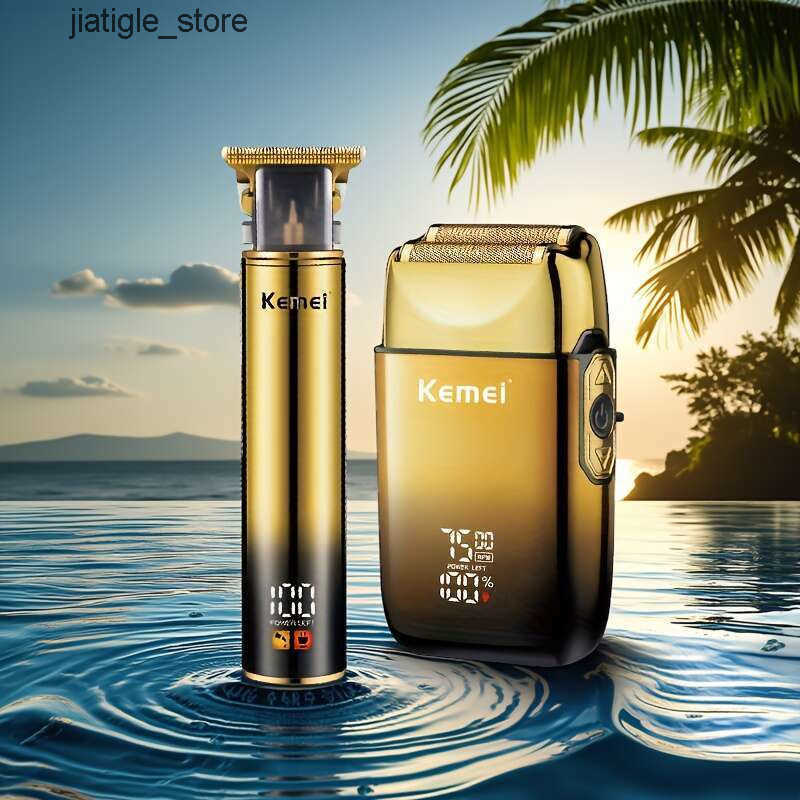 Local KEMEI Hot Combination Set Tyrant Golden Color USB Rechargeable Reciprocating Must-Have Engraving Electric Shaver Hair Clipper Gift Box Men