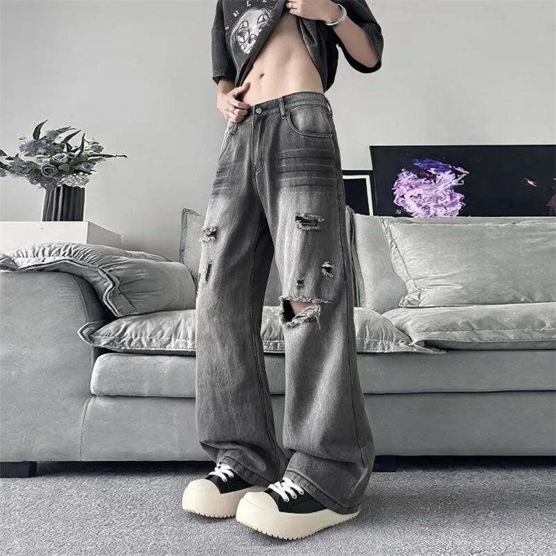 Summer Mens Distressed Denim Pants Gray Washed Ripped Loose Straight Leg Casual Streetwear Jeans 260612BJ