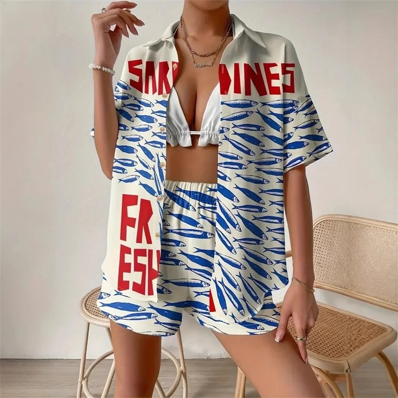 Fashion Print Beach Holiday 2-Piece Set Women Summer Short Sleeve Shirt Top Wide Legs Short Womens Oversized Two-Piece Outfit 260618BJ