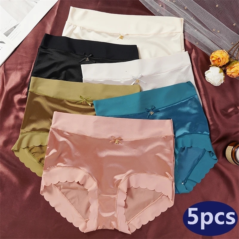 5 PCS High-waist Womens Simple Satin Ice Silk Seamless Underwear Female Breathable High Quality Panties Butt Lift Briefs 260611BJ