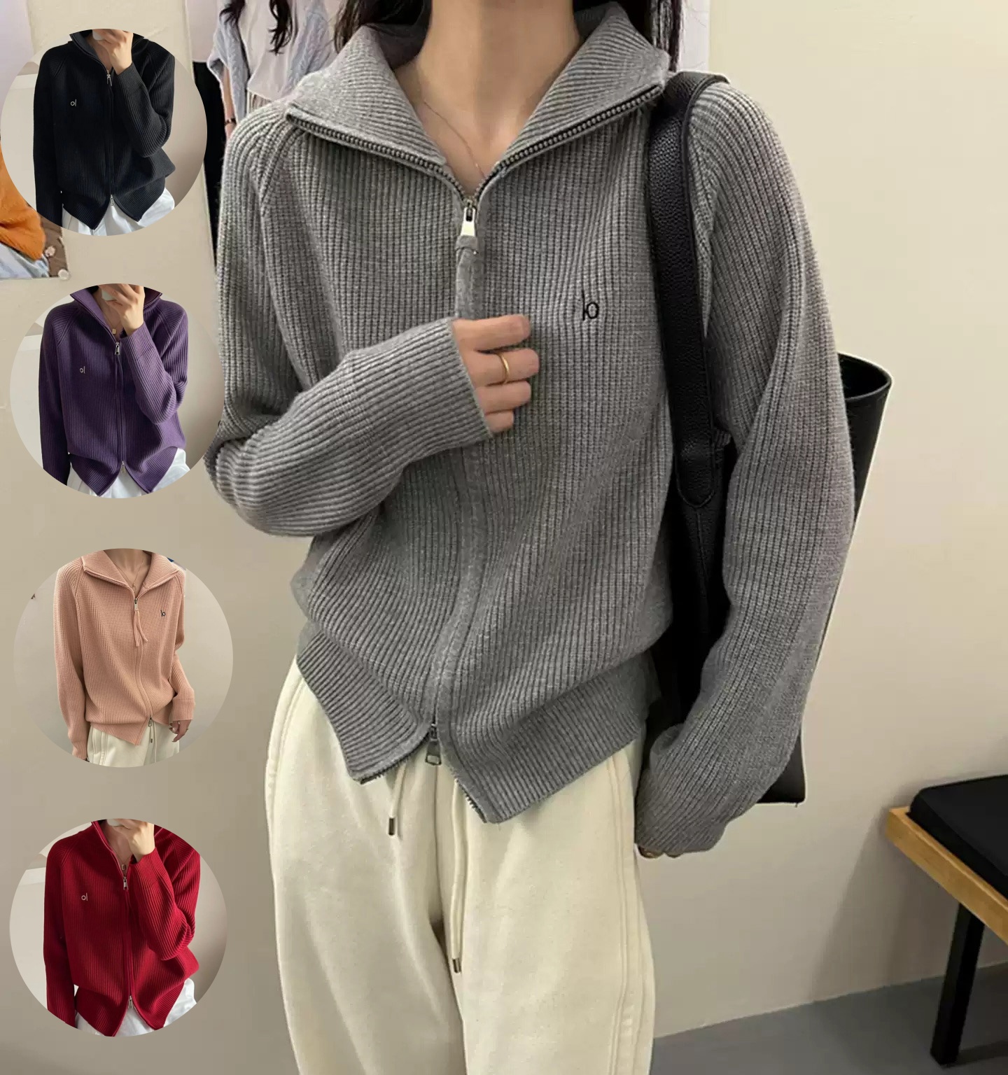 Aalloo New Women's Lapel Pink Knit Cardigan Sweater Lazy Soft Thick Knit Hoodie for Autumn and Winter