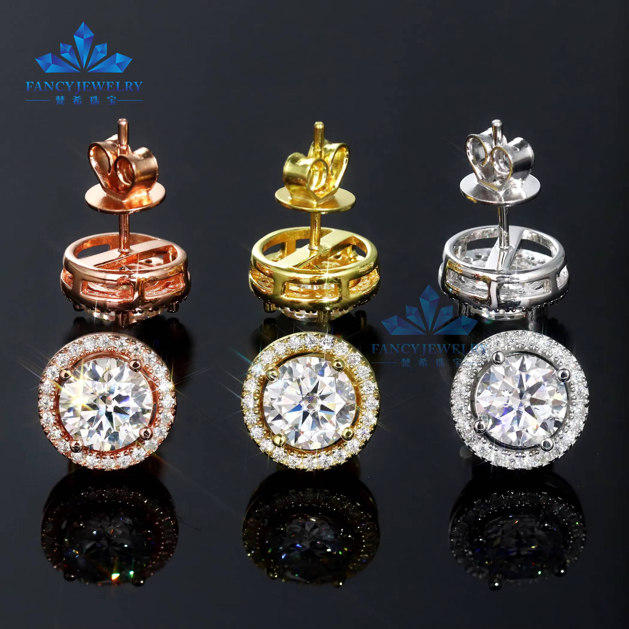 MOQ 1 Returning Customers Fashion Jewelry Butterfly Lock 925 Silver Plated Gold 6.5mm 1CT Moissanite Halo Earrings for Women