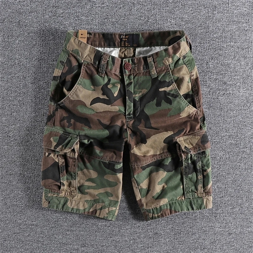 Summer American Retro Woven Camouflage Cargo Shorts Mens 100 Washed Multi-Pocket Casual Straight 5-point Pants 260525BJ